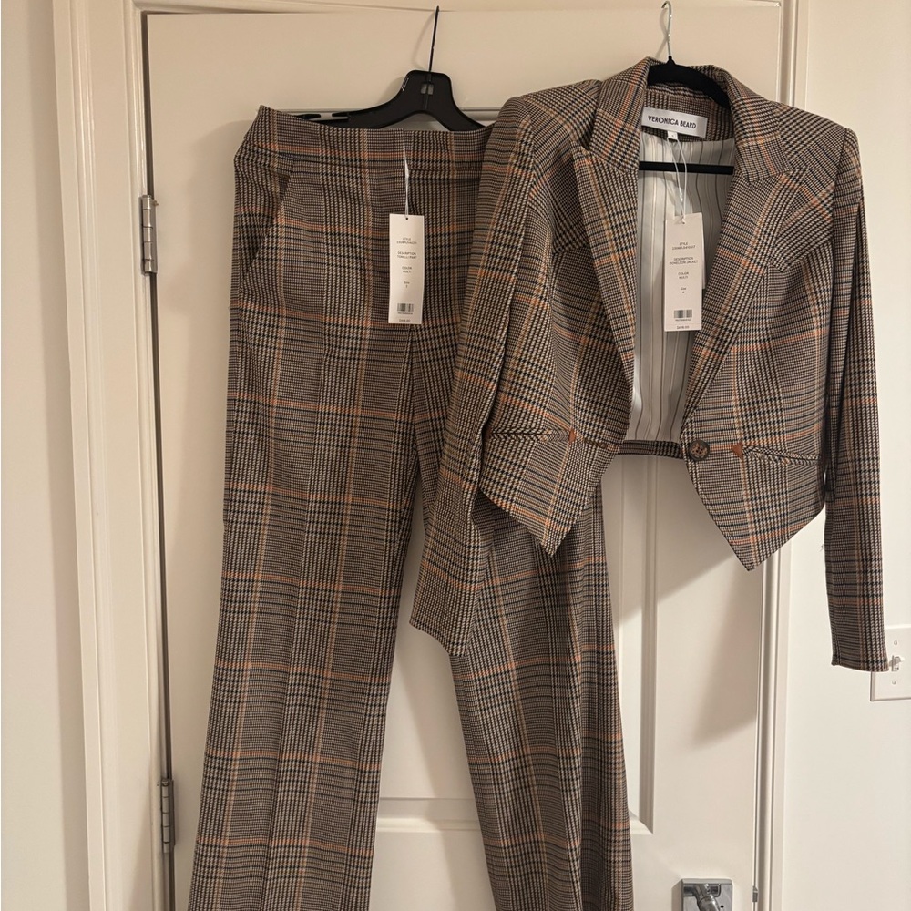 Veronica Beard Taupe Plaid Cropped Blazer & Matching Trousers